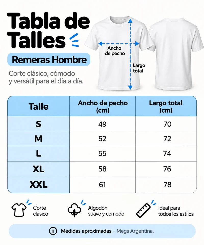 Tabla de talles de remeras hombre, en centímetros: S, 49 de ancho de pecho y 70 de largo; M, 52 de ancho de pecho y 72 de largo; L, 55 de ancho de pecho y 74 de largo; XL, 58 de ancho de pecho y 76 de largo; XXL, 61 de ancho de pecho y 78 de largo.